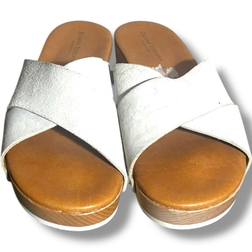 Donna Toscana Made in Italy White Criss Cross Leather Wooden Heel Clog Slides - Picture 2 of 6